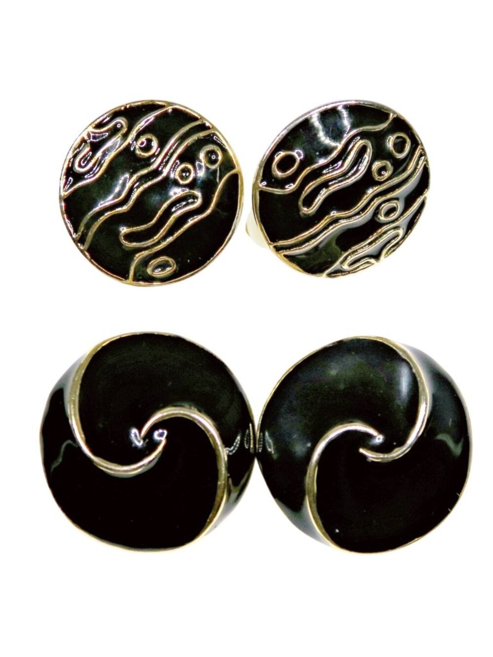 1980s Clip-On Earrings Gold Tone & Black Enamel 2 Pairs of Statement Jewelry